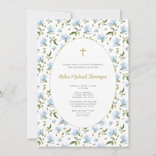 Blauwe Bloemen Grandmillenial doop uitnodiging (Voorkant)