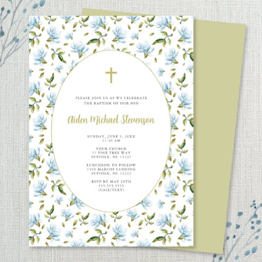 Blauwe Bloemen Grandmillenial doop uitnodiging