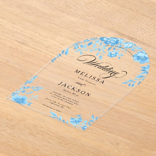 Blauwe Bloemen Grens bruiloft uitnodiging (Laagn)
