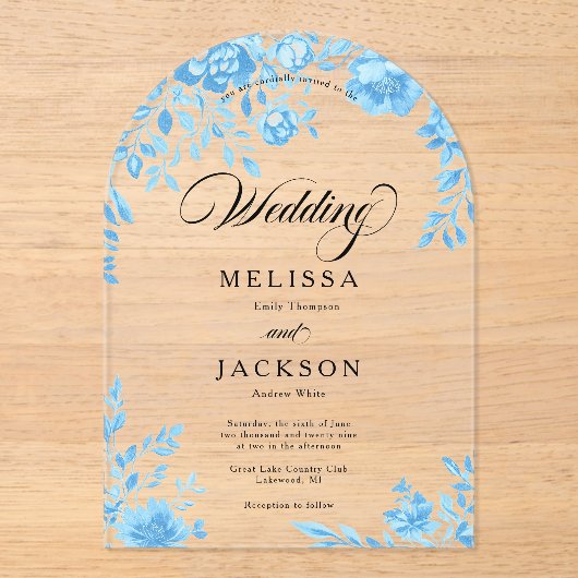 Blauwe Bloemen Grens bruiloft uitnodiging (Voorkant)