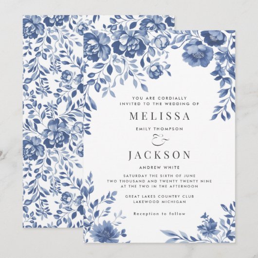 Blauwe Bloemen Grens bruiloft uitnodiging (Voorkant / Achterkant)