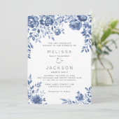 Blauwe Bloemen Grens bruiloft uitnodiging (Staand voorkant)