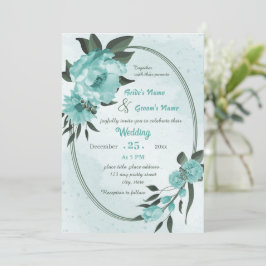 blauwe bloemen grienerige geometrische bruiloft kaart