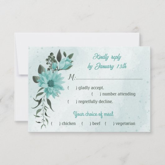 blauwe bloemen grienermeel keuze RSVP kaartje (Voorkant)