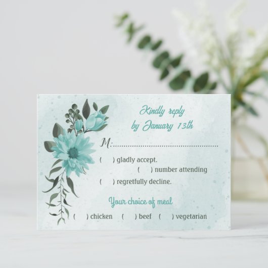 blauwe bloemen grienermeel keuze RSVP kaartje (Staand voorkant)