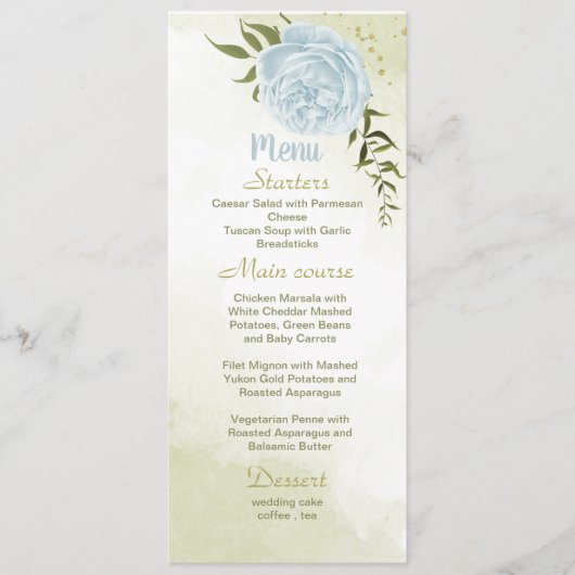 blauwe bloemen grienery bruiloft menu (Voorkant)