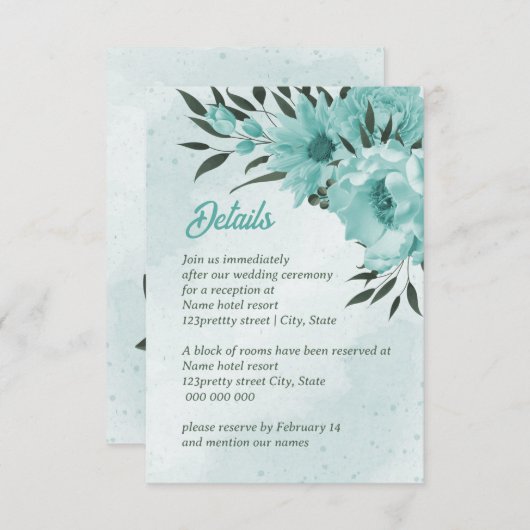 blauwe bloemen grienery bruiloft omheiningskaart informatiekaartje (Voorkant / Achterkant)