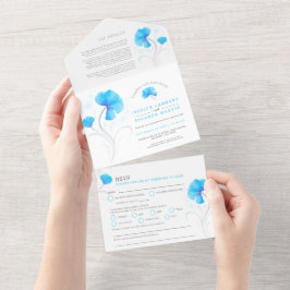 Blauwe bloemen grijze swirl waterverf all in one uitnodiging