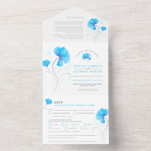 Blauwe bloemen grijze swirl waterverf all in one uitnodiging (Binnen)