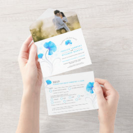 Blauwe bloemen grijze werveling aquarel op maat ge all in one uitnodiging