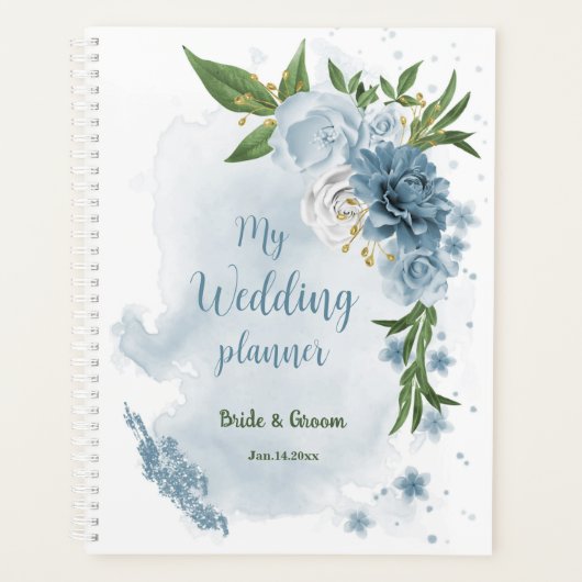 blauwe bloemen groen bruiloft planner (Voorkant)