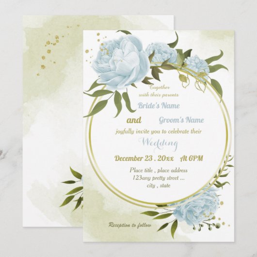  blauwe bloemen groen voor geometrische bruiloft kaart (Voorkant / Achterkant)