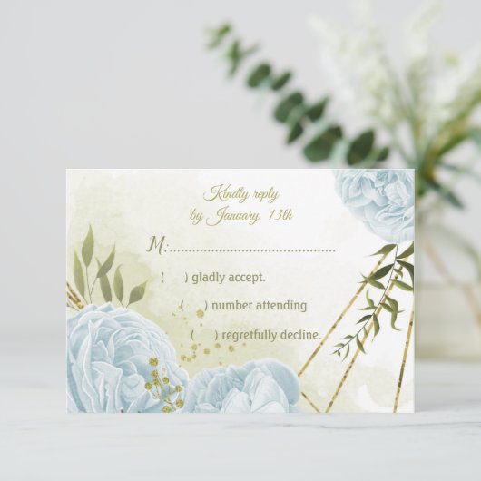  blauwe bloemen groene bladeren botanische RSVP kaartje (Staand voorkant)