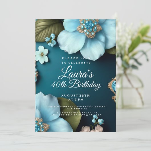 Blauwe bloemen groene bladeren gouden glitter Verj Kaart (Staand voorkant)