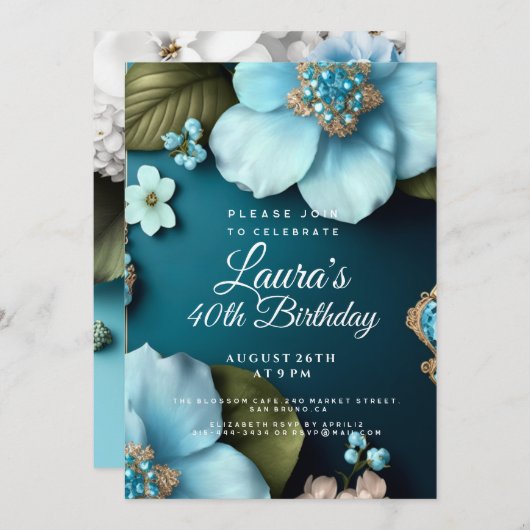 Blauwe bloemen groene bladeren gouden glitter Verj Kaart (Voorkant / Achterkant)