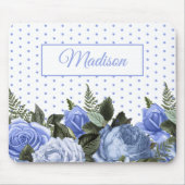 Blauwe bloemen Groene bladeren Monogram Witte Polk Muismat (Voorkant)