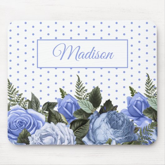 Blauwe bloemen Groene bladeren Monogram Witte Polk Muismat (Voorkant)