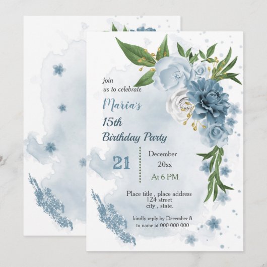 blauwe bloemen & groene bladeren verjaardag kaart (Voorkant / Achterkant)