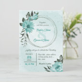 blauwe bloemen groene bruiloft kaart (Staand voorkant)