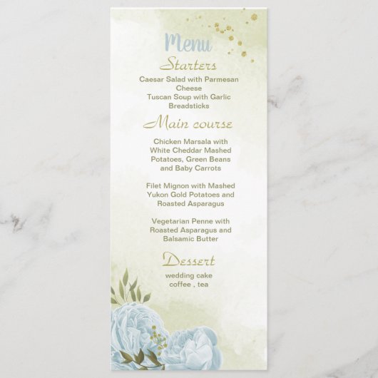 blauwe bloemen groene bruiloft menu (Voorkant)
