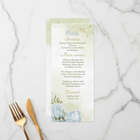 blauwe bloemen groene bruiloft menu (Voorkant / Achterkant in situ)