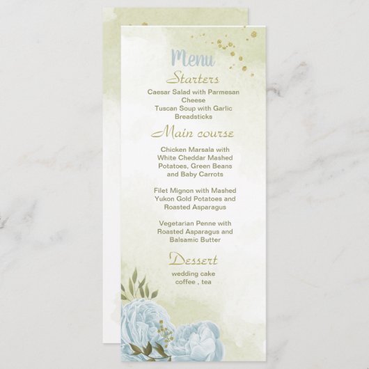blauwe bloemen groene bruiloft menu (Voorkant / Achterkant)