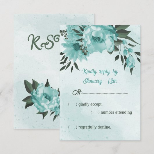 blauwe bloemen groene bruiloft RSVP kaartje (Voorkant / Achterkant)