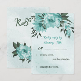 blauwe bloemen groene bruiloft RSVP kaartje