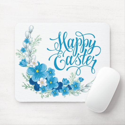 Blauwe bloemen Happy Easter muismat (Met muis)