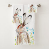 Blauwe bloemen Hare Rabbit Wildflower Waterverf Bad Handdoek (Insitu)