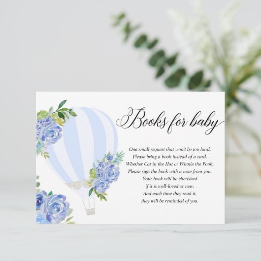 Blauwe bloemen heteluchtballonboek in plaats van k informatiekaartje (Staand voorkant)