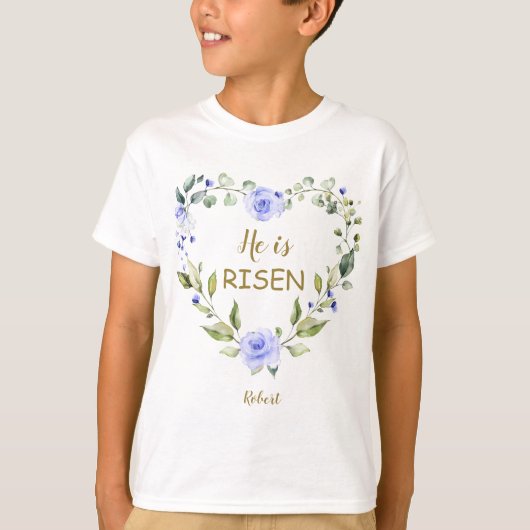 Blauwe Bloemen Hij Is Opgestaan Gelukkig Pasen Typ T-shirt (Voorkant)