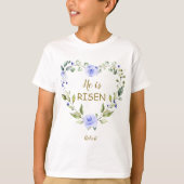 Blauwe bloemen Hij is verrezen Happy Easter Typogr T-shirt (Voorkant)