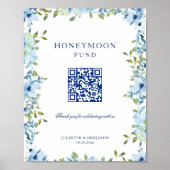 Blauwe Bloemen Honeymoon Gift QR Code Trouwbord Poster (Voorkant)