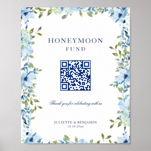 Blauwe Bloemen Honeymoon Gift QR Code Trouwbord Poster (Voorkant)