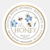 Blauwe Bloemen Honingbij Metallic Gold Border Honi Ronde Sticker (Voorkant)