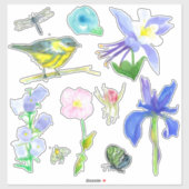 Blauwe bloemen Honingbijen Dragonfly Wildbloemen V Sticker (Vel)