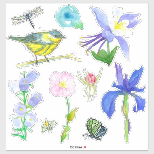 Blauwe bloemen Honingbijen Dragonfly Wildbloemen V Sticker (Vel)