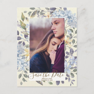 Blauwe bloemen hortensia foto save the date aankondigingskaart