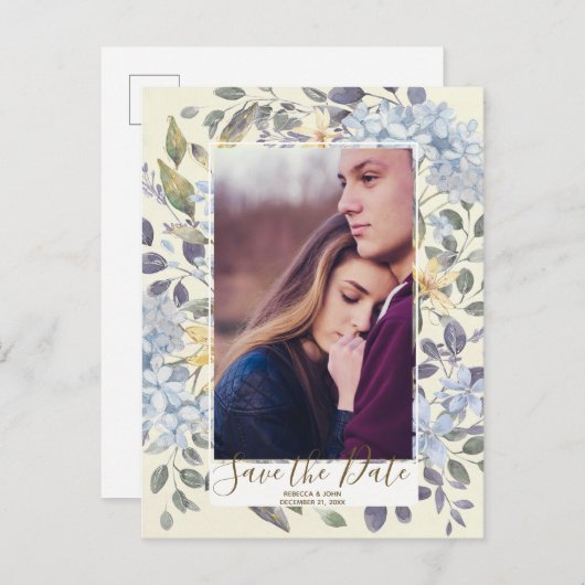 Blauwe bloemen hortensia foto save the date aankondigingskaart (Voorkant / Achterkant)