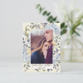 Blauwe bloemen hortensia foto save the date aankondigingskaart (Staand voorkant)