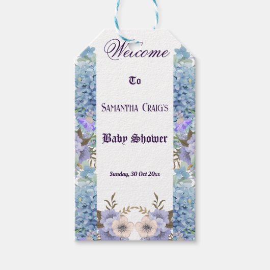 Blauwe Bloemen Hortensia Paarse Sering Baby Shower Cadeaulabel (Voorkant)