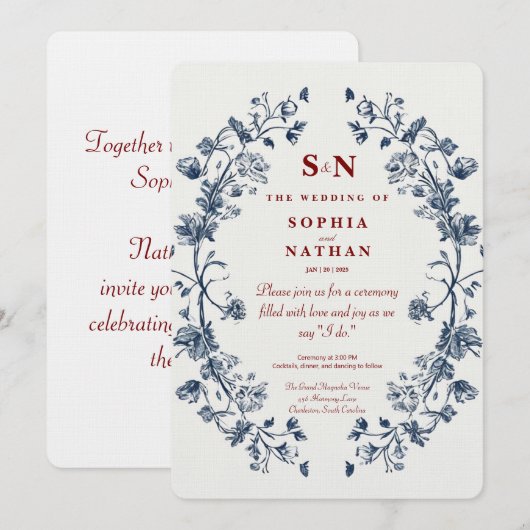 Blauwe Bloemen Huwelijk met Rustieke Charme Kaart (Voorkant / Achterkant)