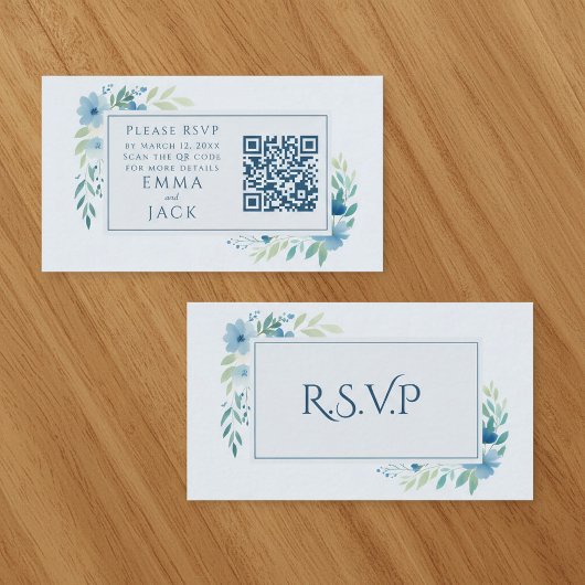 Blauwe Bloemen Huwelijk RSVP QR Code Informatiekaartje