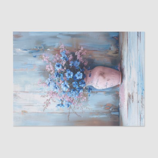Blauwe bloemen in een roze vaas Shabby Decoupage Tissuepapier (Voorkant)