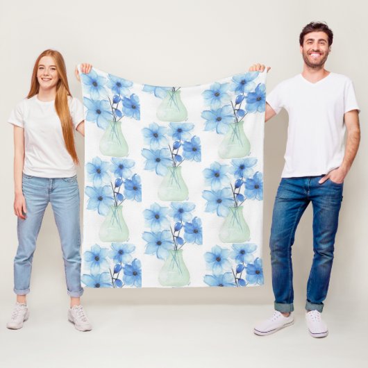 Blauwe bloemen in een vaas Notitiekaarten Fleece Deken (In situ)