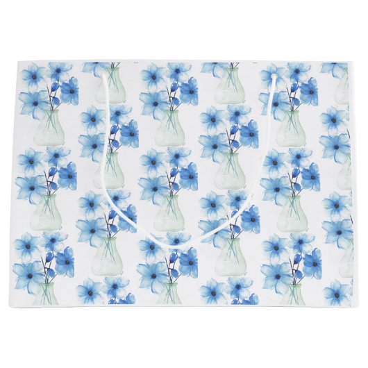 Blauwe bloemen in glazen vaas groot cadeauzakje (Voorkant)