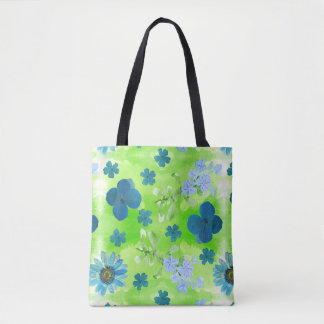 Blauwe bloemen in Lime Green Tote Bag