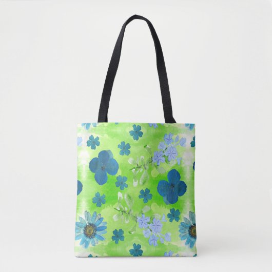 Blauwe bloemen in Lime Green Tote Bag (Voorkant)
