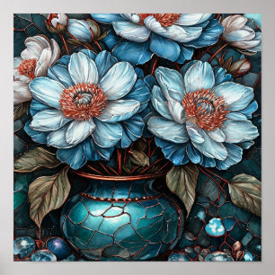 💙 Blauwe Bloemen In Vaas Stilleven Elegante Bloem Poster